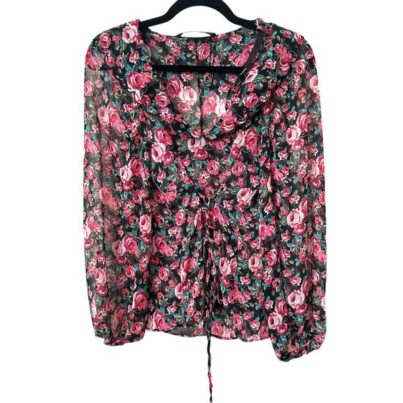 ZARA Rose Print Lace-Up Chiffon Blouse Small - Picture 2 of 6